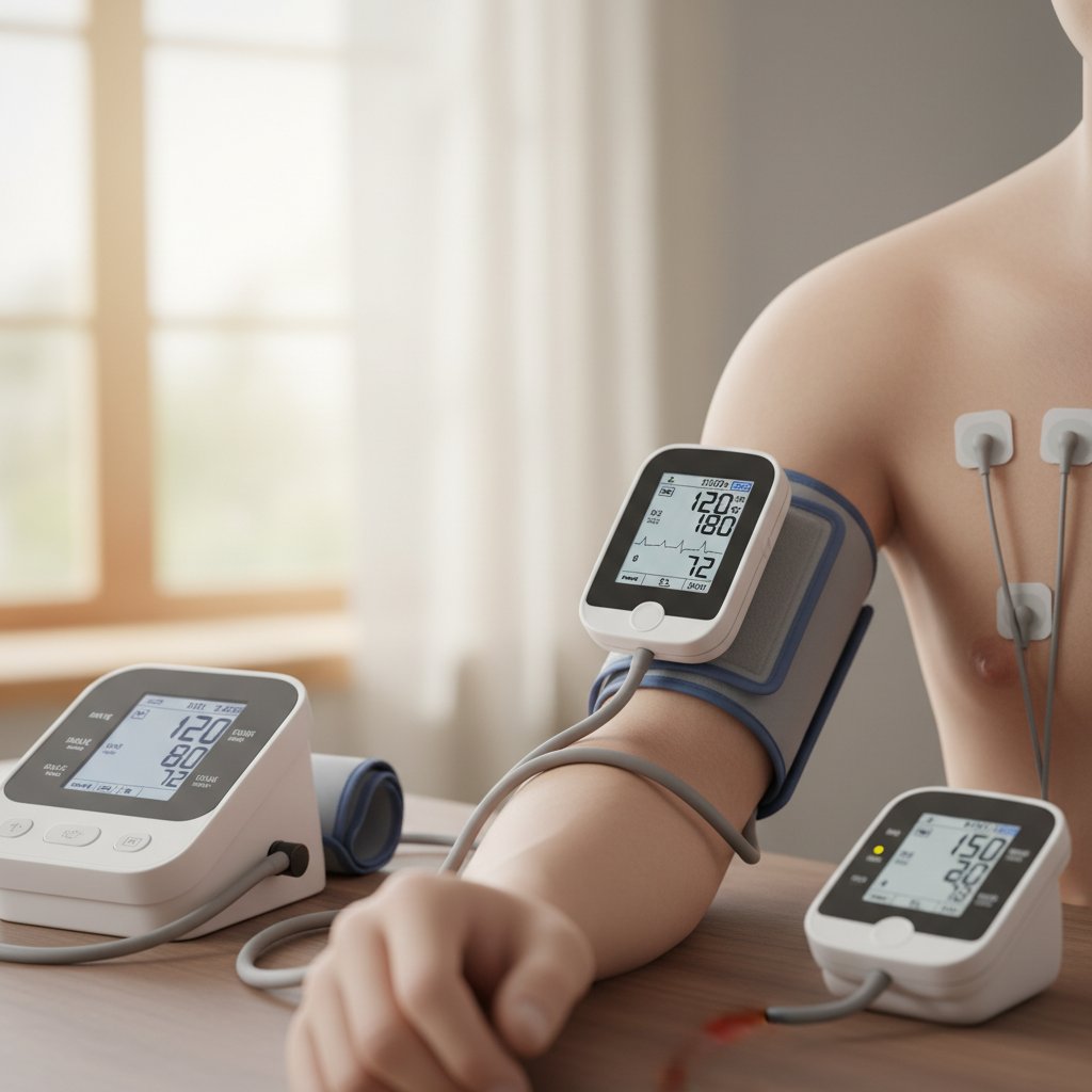 Zbliżenie na kilka typów urządzeń do pomiaru ciśnienia – zegarek, holter, domowy ciśnieniomierz