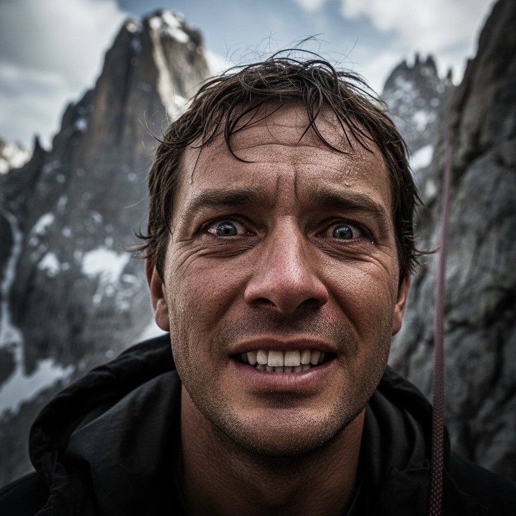 Close-up of climber’s intense expression mid-ascent, mountain climbing movies psychology