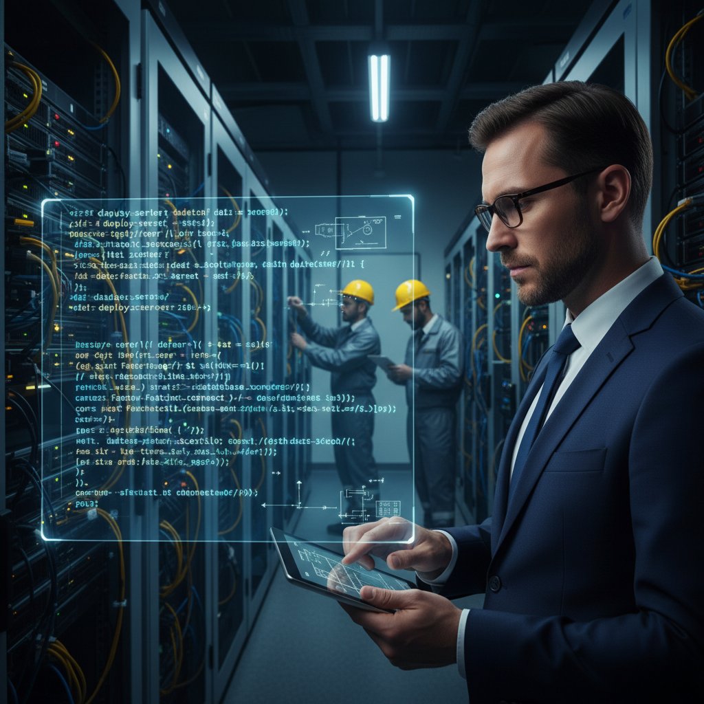 Pracownik nadzorujący wdrożenie AI w serwerowni, kod na ekranie