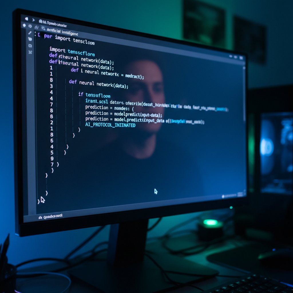 Zbliżenie na ekran komputera z wyświetlonym kodem AI i rozmazanym tłem, symbolizującym „czarną skrzynkę” AI