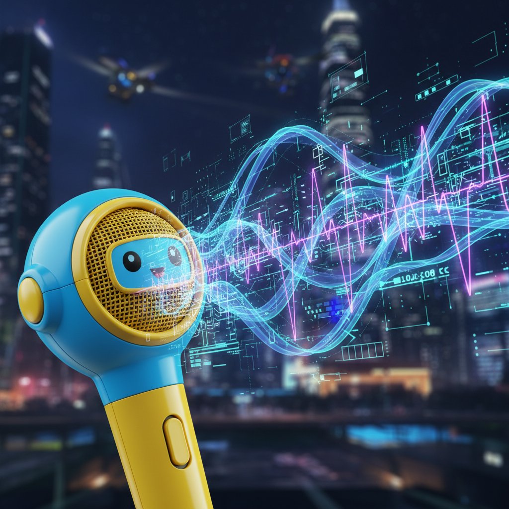 Analiza głosu przez sztuczną inteligencję, dziecko mówi do mikrofonu, cyfrowy wykres dźwięku, klimat high-tech