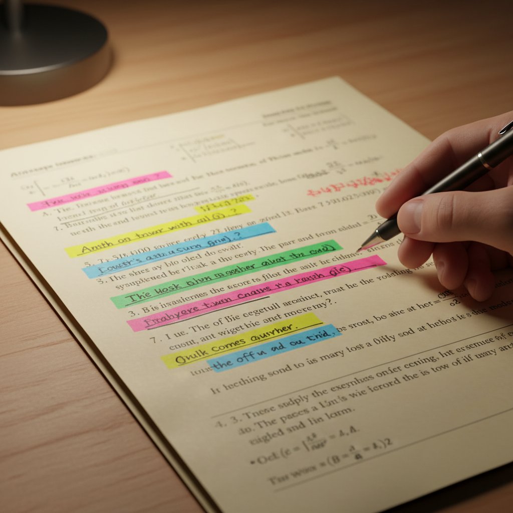 Zbliżenie na arkusz egzaminacyjny z odręcznymi notatkami i podkreśleniami