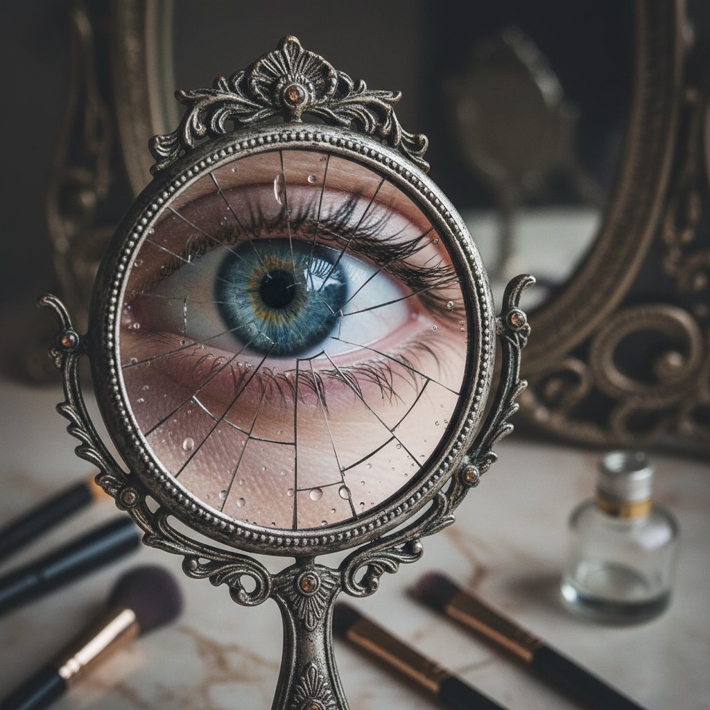 Zbliżenie na oko w lustrze – symbol nieuchwytności objawów jaskry