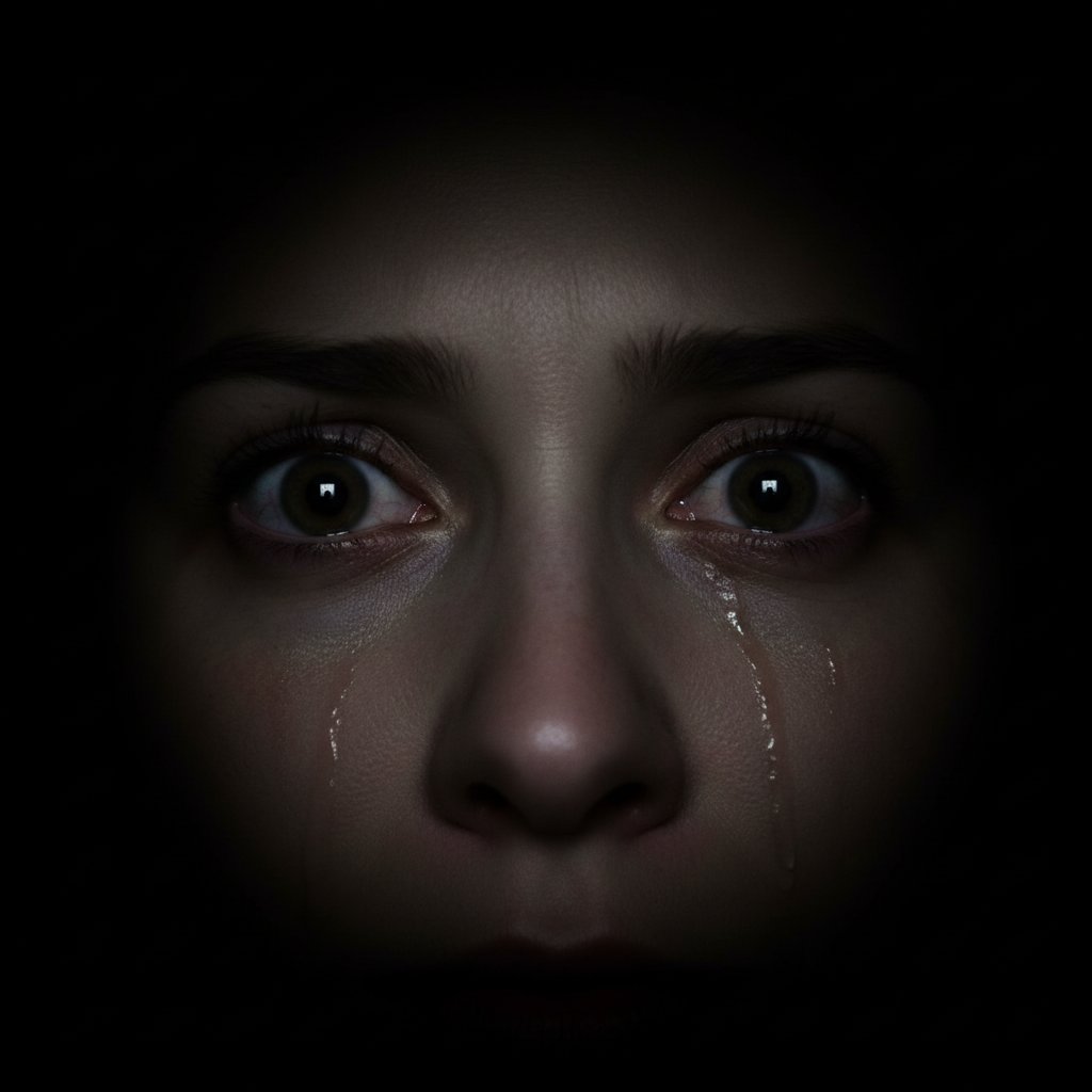Zbliżenie na przerażone oczy w ciemności, metafora lęku i paniki