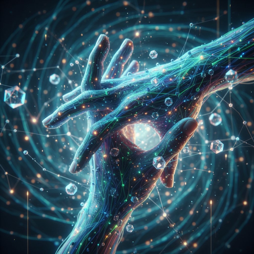 Artystyczny zbliżenie dłoni z abstrakcyjną siecią neuronową