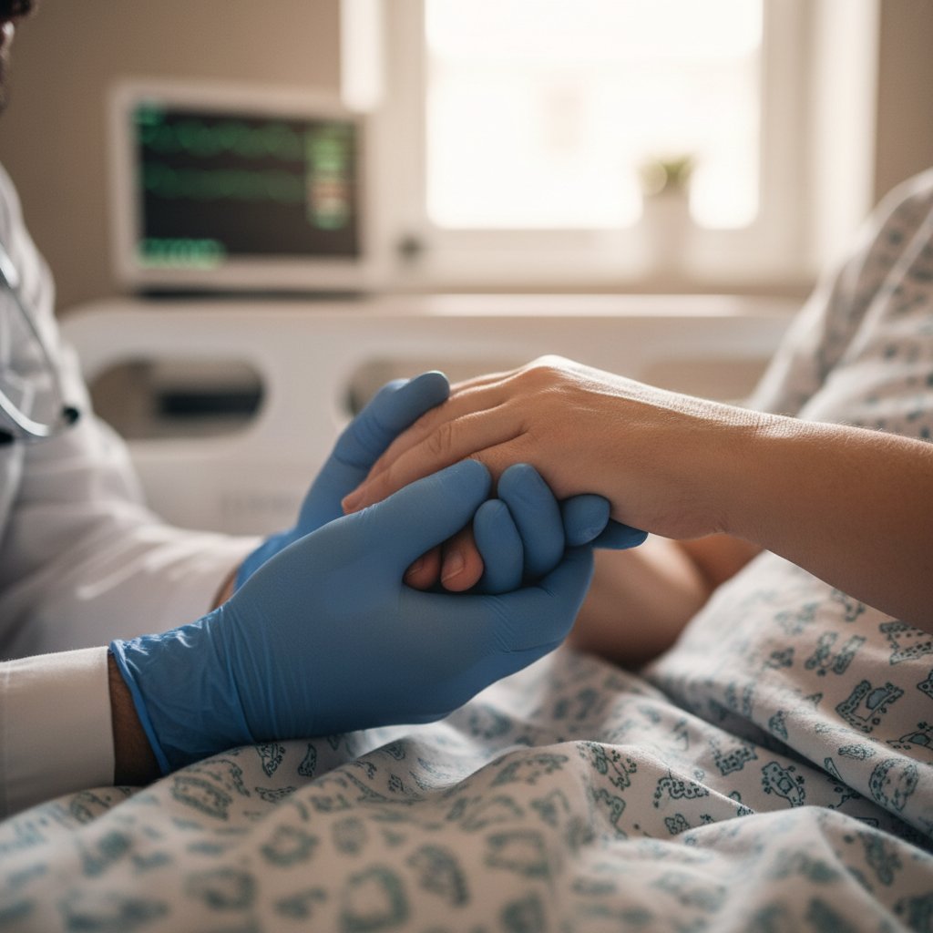 Zbliżenie na dłoń pacjenta trzymaną przez psychoonkologa, w tle szpitalne urządzenia