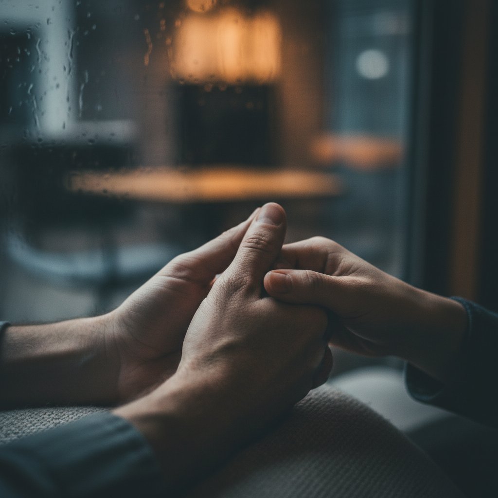 Close-up of hands, one reaching hesitantly, another steady, under dim light—illustrating subtle cues of relationship trust
