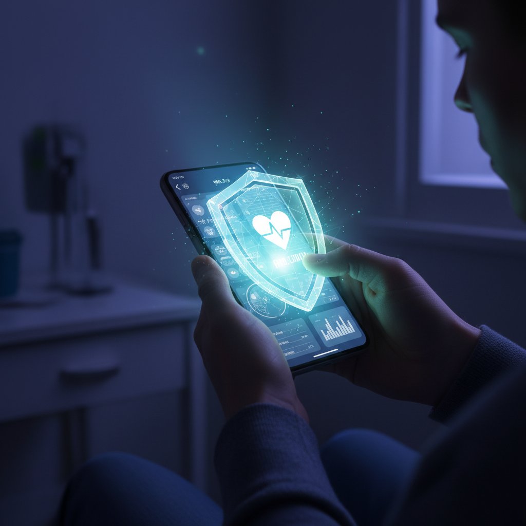 Dłonie trzymające smartfon z cyfrową tarczą – symbol odporności online