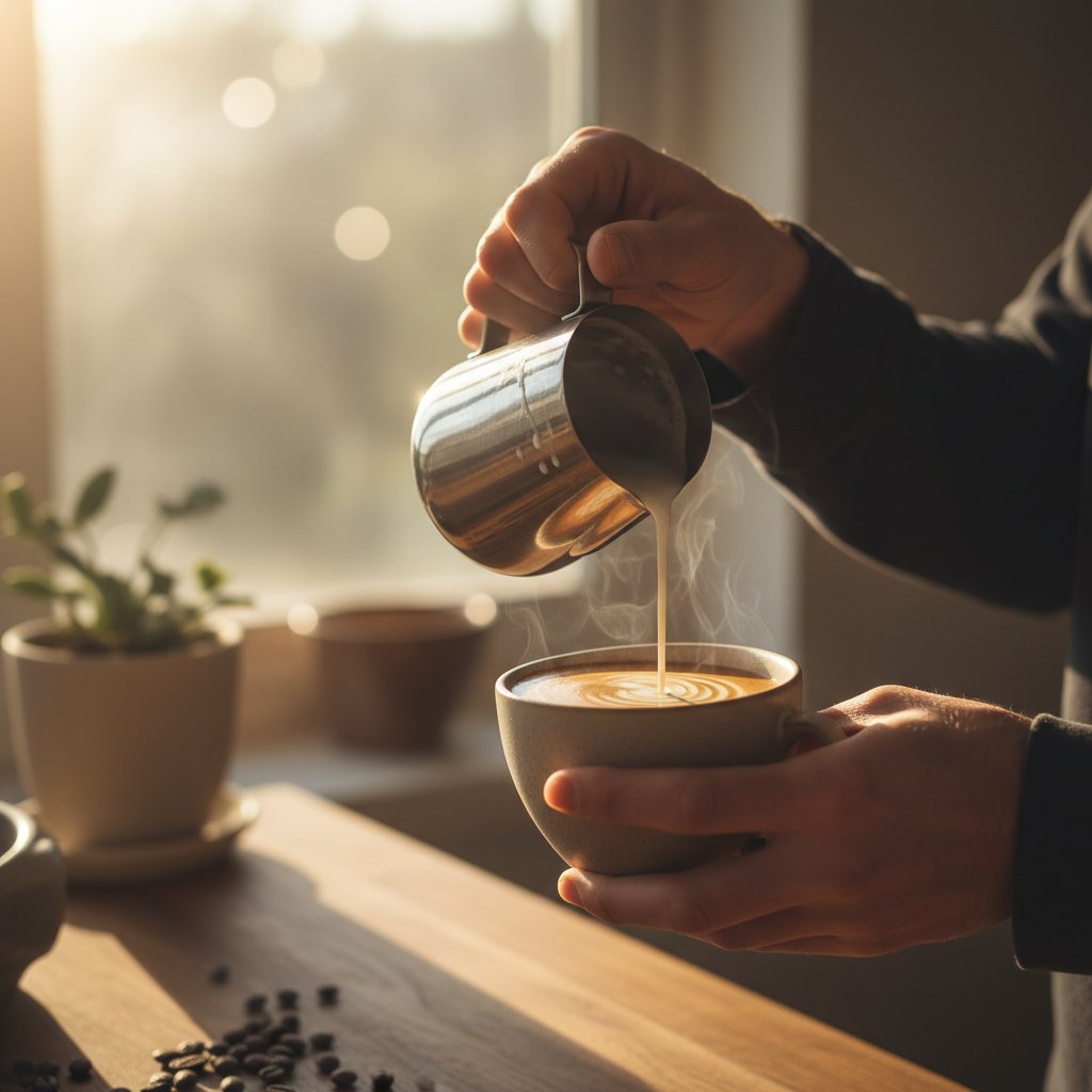 Cinematic close-up of hands making coffee in morning light, shallow depth of field. Alt: Artistic shot of hands preparing coffee, highlighting everyday beauty in movie ordinary movies.