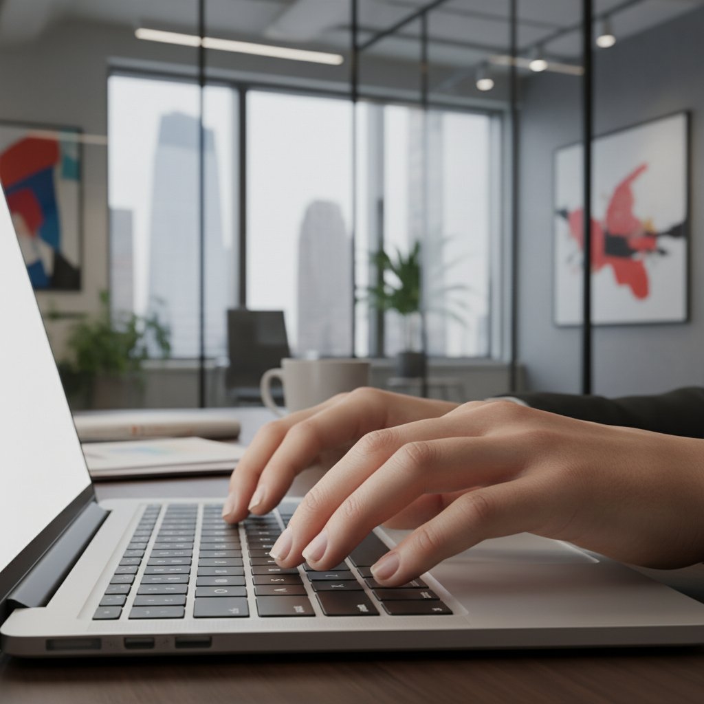 Dłonie z łamliwymi paznokciami na klawiaturze laptopa – zdjęcie ilustrujące wpływ pracy biurowej na zdrowe paznokcie