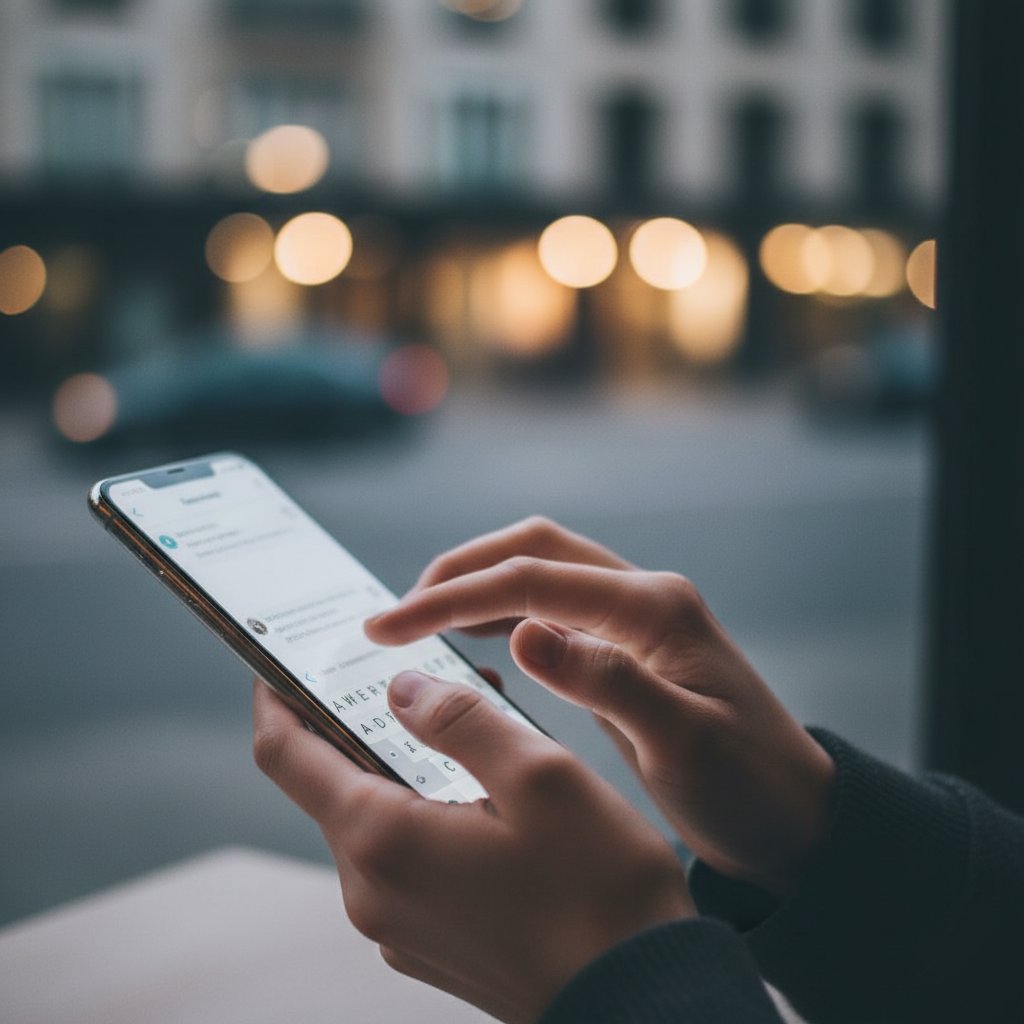 Anonimowe pisanie wiadomości na czacie, dłonie na telefonie, rozmyte tło, szczerość