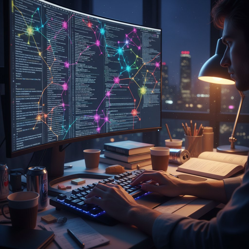 Zbliżenie na dłonie piszące kod z rzutowanymi diagramami sieci neuronowych, biuro nocą