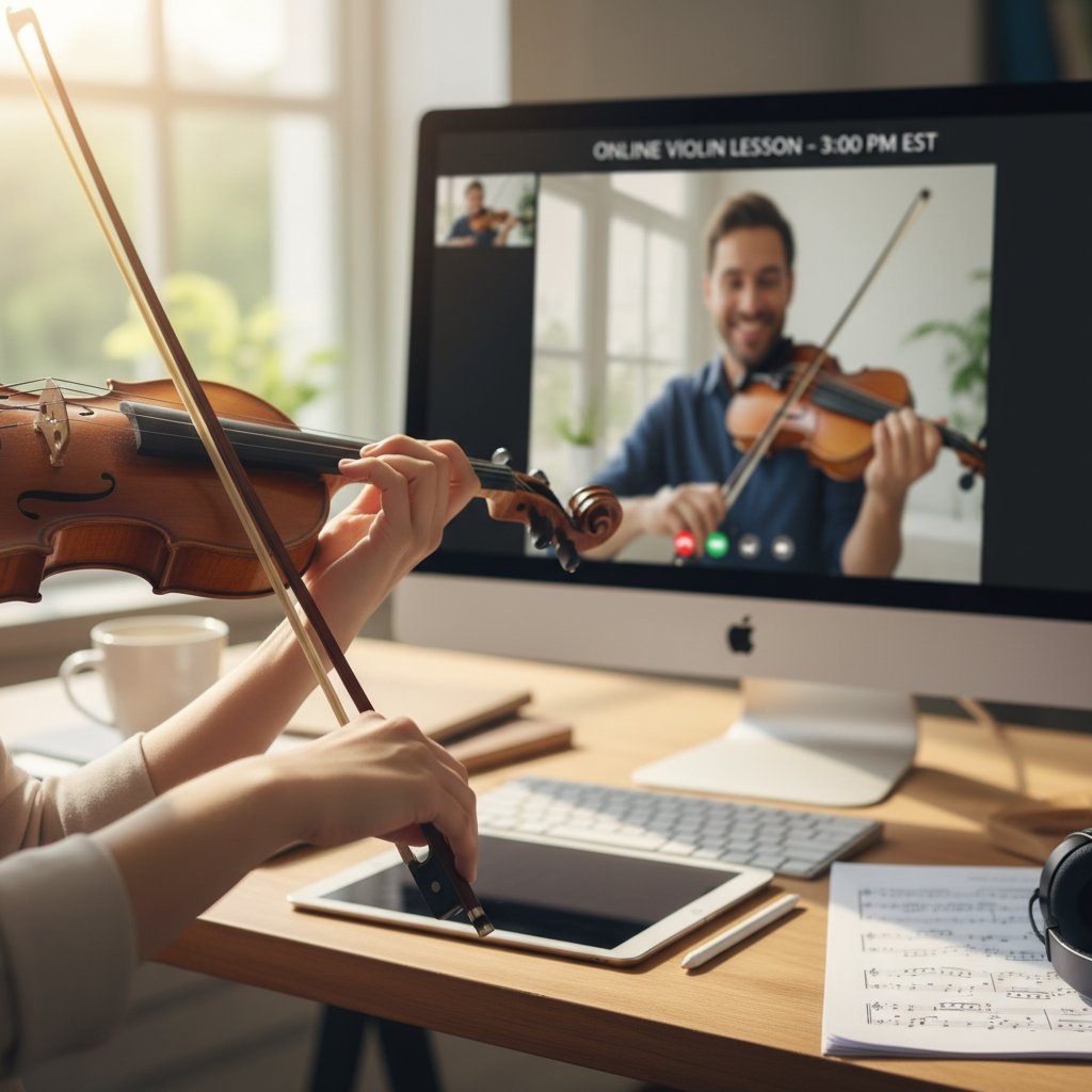 Zbliżenie na ręce grające na skrzypcach podczas lekcji online z komputerem na biurku
