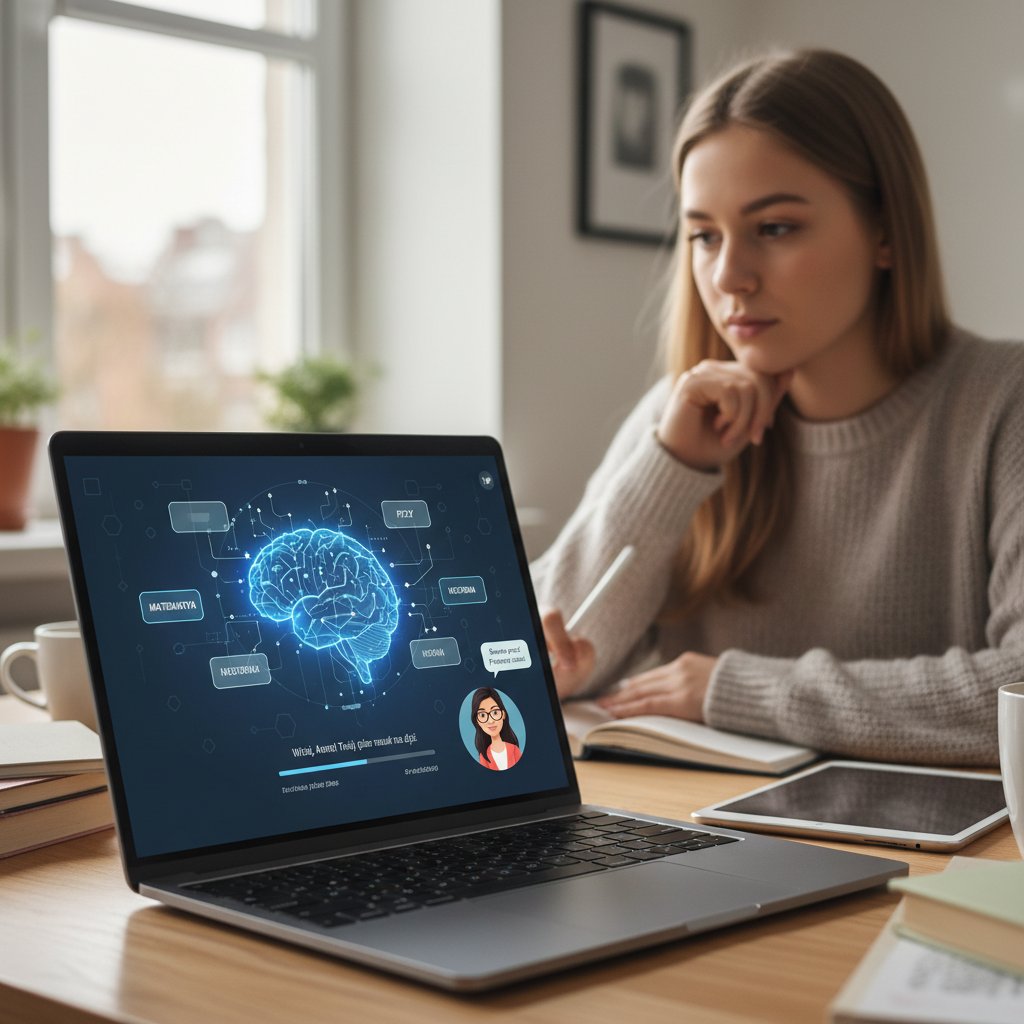 Zbliżenie na ekran laptopa z interfejsem platformy edukacyjnej AI, polski uczeń pracuje samodzielnie