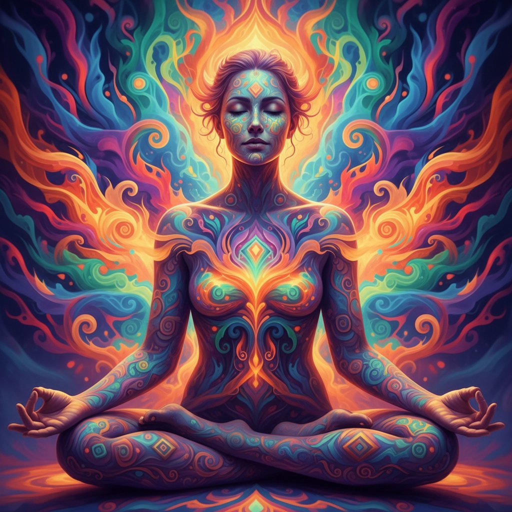 Osoba wizualizująca podczas medytacji, z energetycznymi wzorami wokół