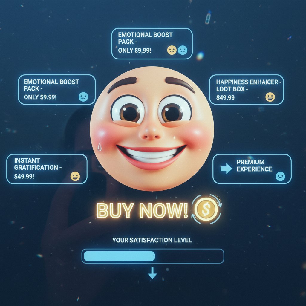 Zbliżenie na ekran z mikrotransakcjami i sztucznym uśmiechem postaci, gry online, manipulacja emocjami