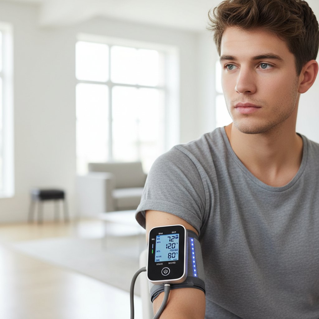 Zbliżenie na nowoczesny holter ciśnieniowy założony na rękę młodej osoby