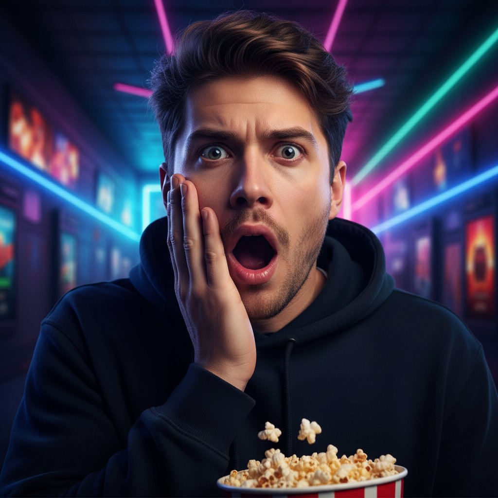 Close-up of wide-eyed moviegoer caught in shock with neon cinema lighting, perfect for movie twist upon twist theme