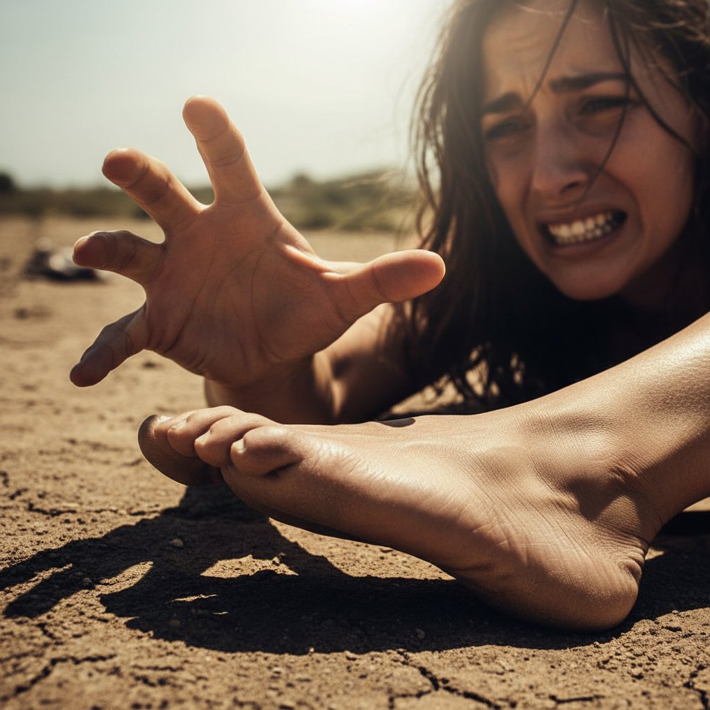 Dłoń chwytająca stopę w bólu — pierwszy sygnał ostrzegawczy stopy cukrzycowej.