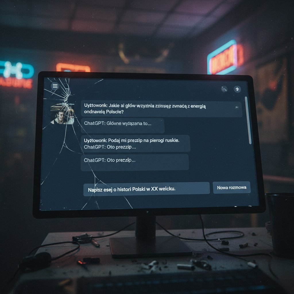 Interfejs ChatGPT z polskimi promptami, atmosfera dokumentalna