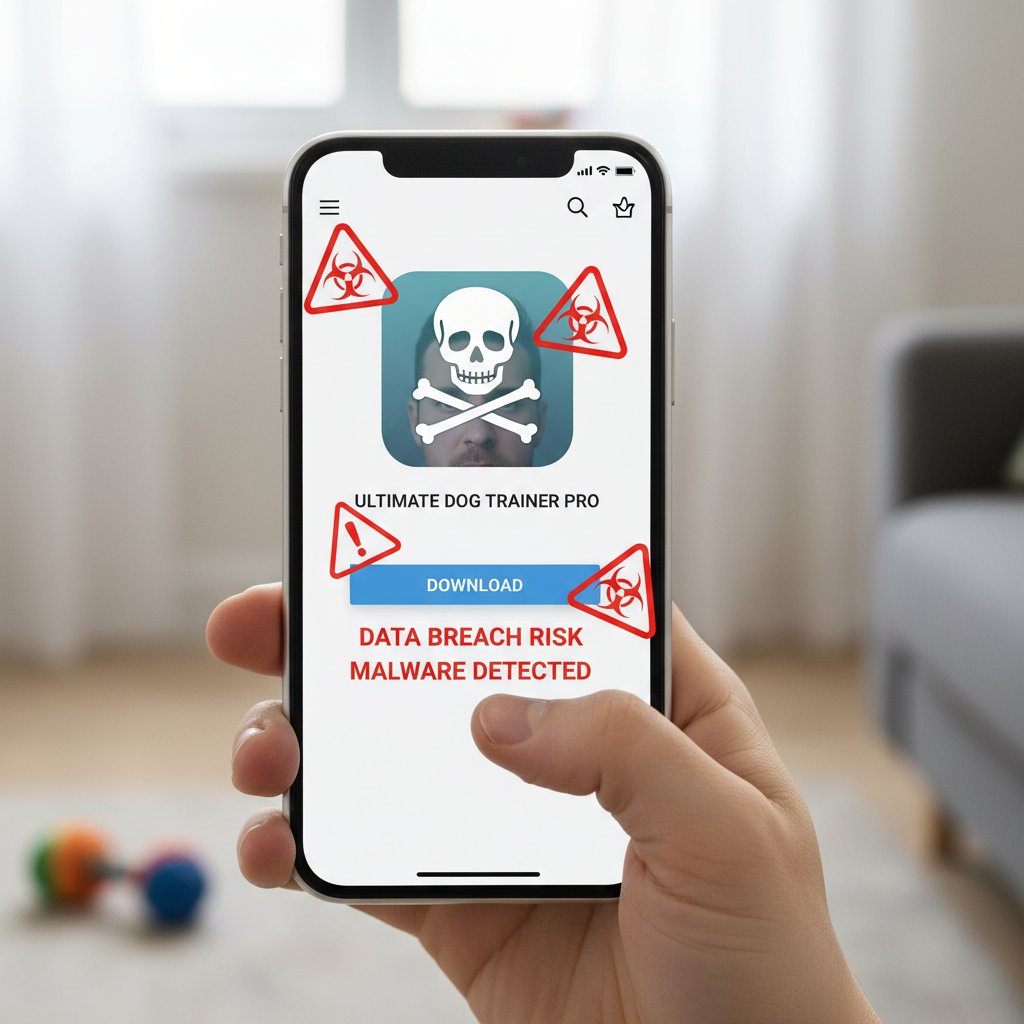 Ostrzeżenia przy wyborze aplikacji do szkolenia psa, telefon, czerwone ikony ostrzegawcze, symulator psa online