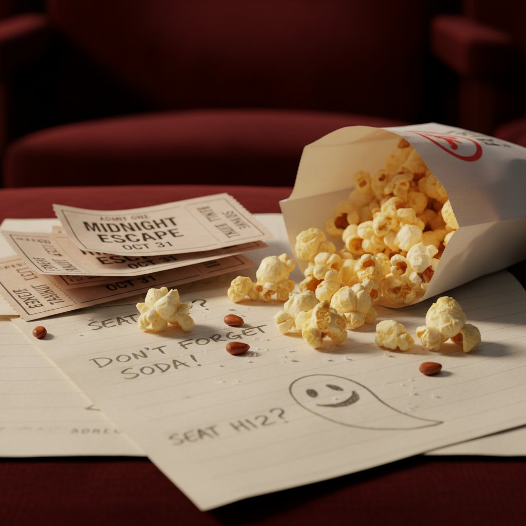 Movie selection checklist with popcorn and tickets, self assessment movie recommendations