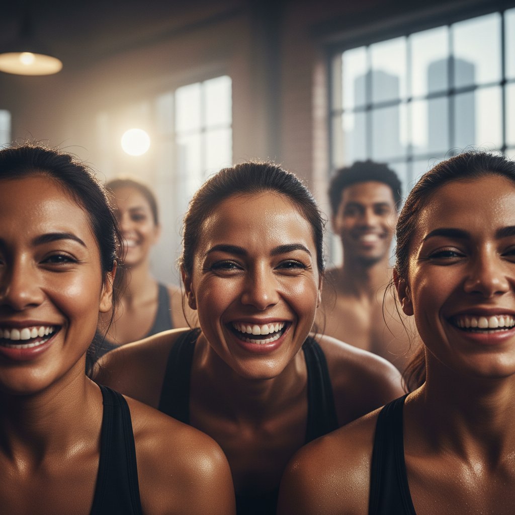 Emocje i radość podczas grupowych zajęć aerobiku w miejskiej siłowni
