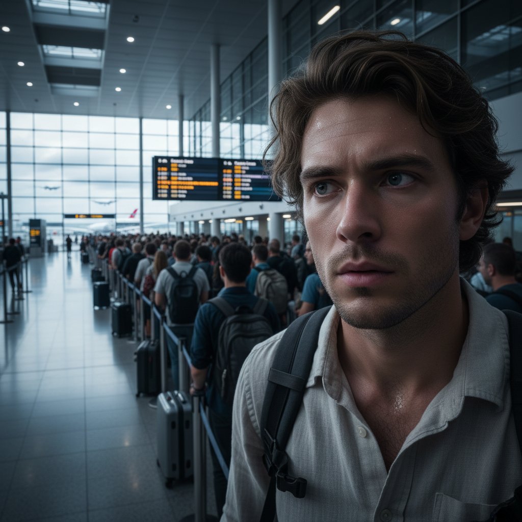 Zaniepokojony podróżny patrzy na ciągnącą się kolejkę na lotnisku.