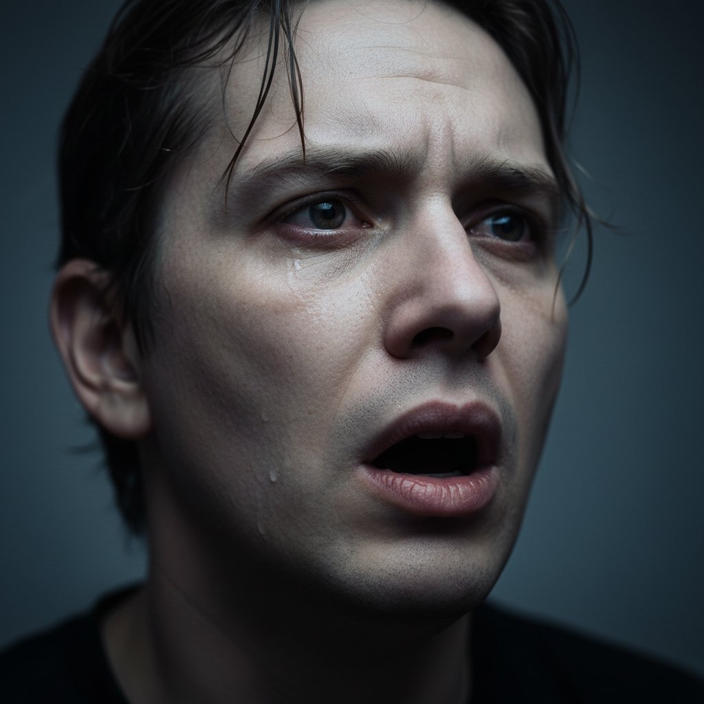 Zbliżenie twarzy osoby odczuwającej duszność, wyraz niepokoju.