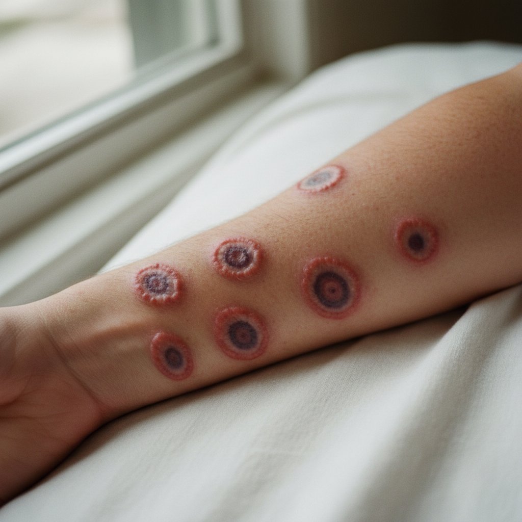 Rumień wielopostaciowy na przedramieniu młodej osoby – zmiany skórne typowe dla EM