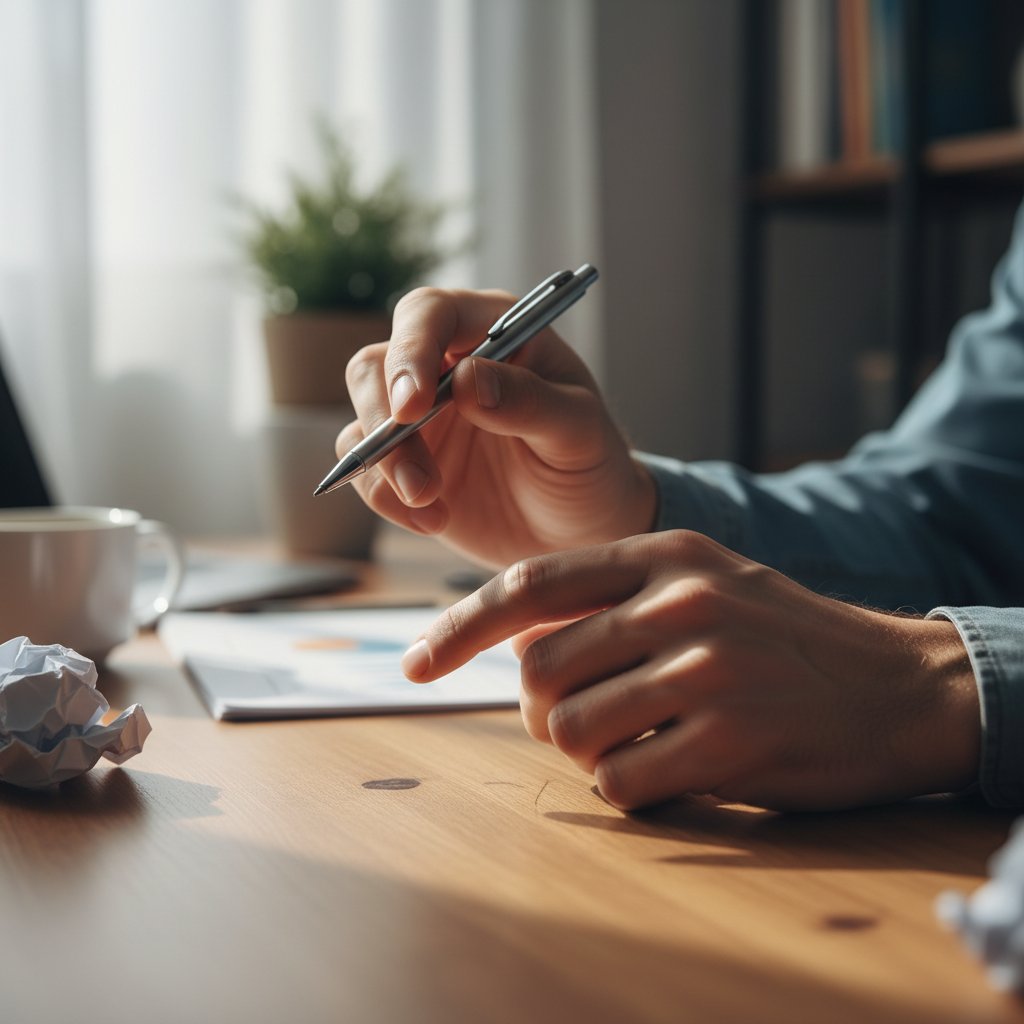 Osoba nerwowo bawi się długopisem przy biurku – sygnały funkcji trzeciorzędnej