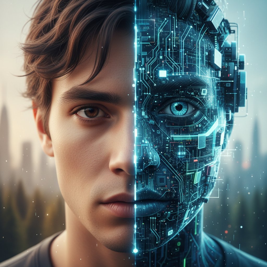 Granica między rozmową z człowiekiem a AI po polsku, portret podzielony na pół: człowiek i cyfrowa twarz