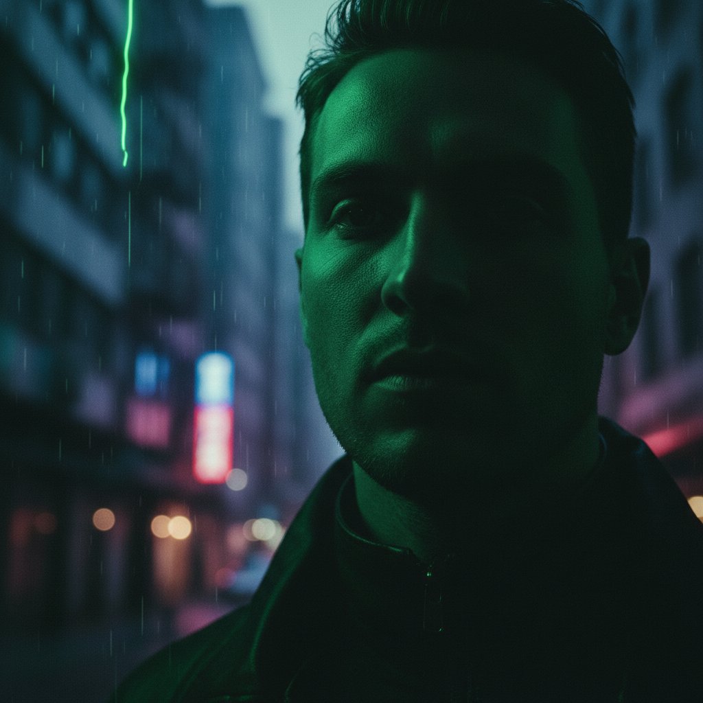 Portret osoby z cieniem na twarzy, zielone światło w oczach, symbolizujący zazdrość