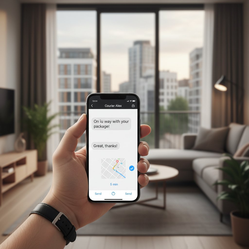 Zbliżenie na smartfon z otwartym czatem kurierskim, dłoń użytkownika, tło miejski apartamentowiec