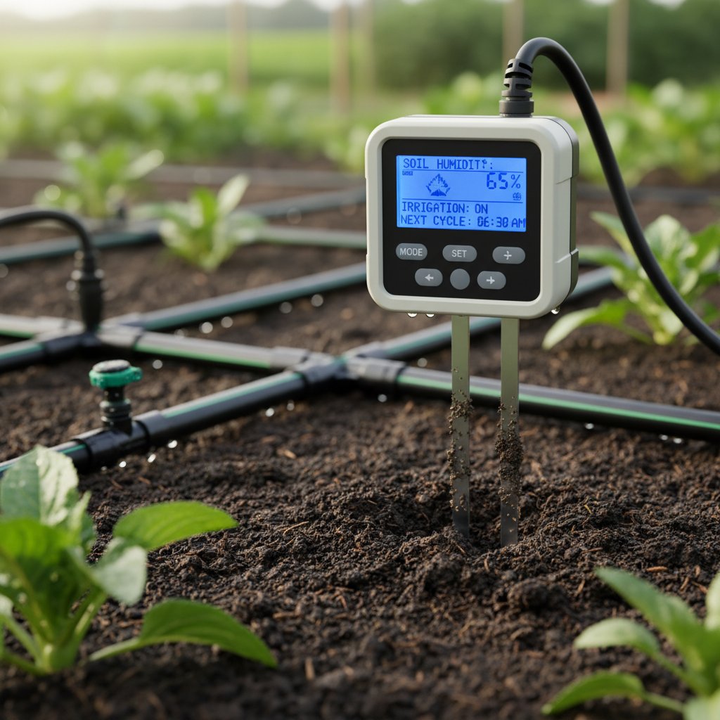 Zbliżenie na czujnik wilgotności gleby i panel sterowania w cyfrowym systemie nawadniania