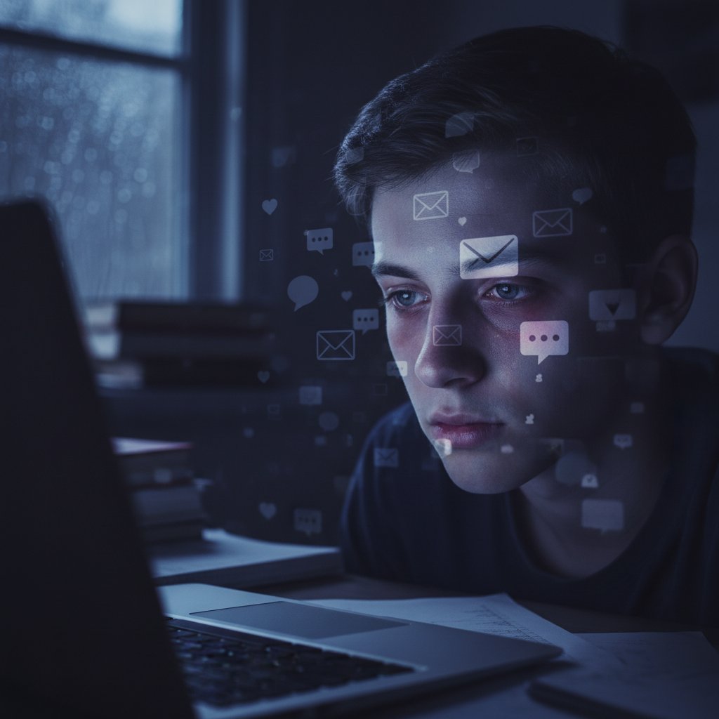 Einsamkeit und digitale Erschöpfung beim Online-Lernen, Schüler mit müden Augen abends vor Laptop, digitale Benachrichtigungen