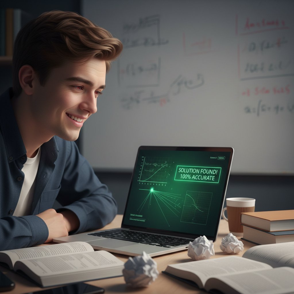 Zbliżenie na emocje: uczeń z ulgą patrzy w ekran laptopa po udanym rozwiązaniu zadania