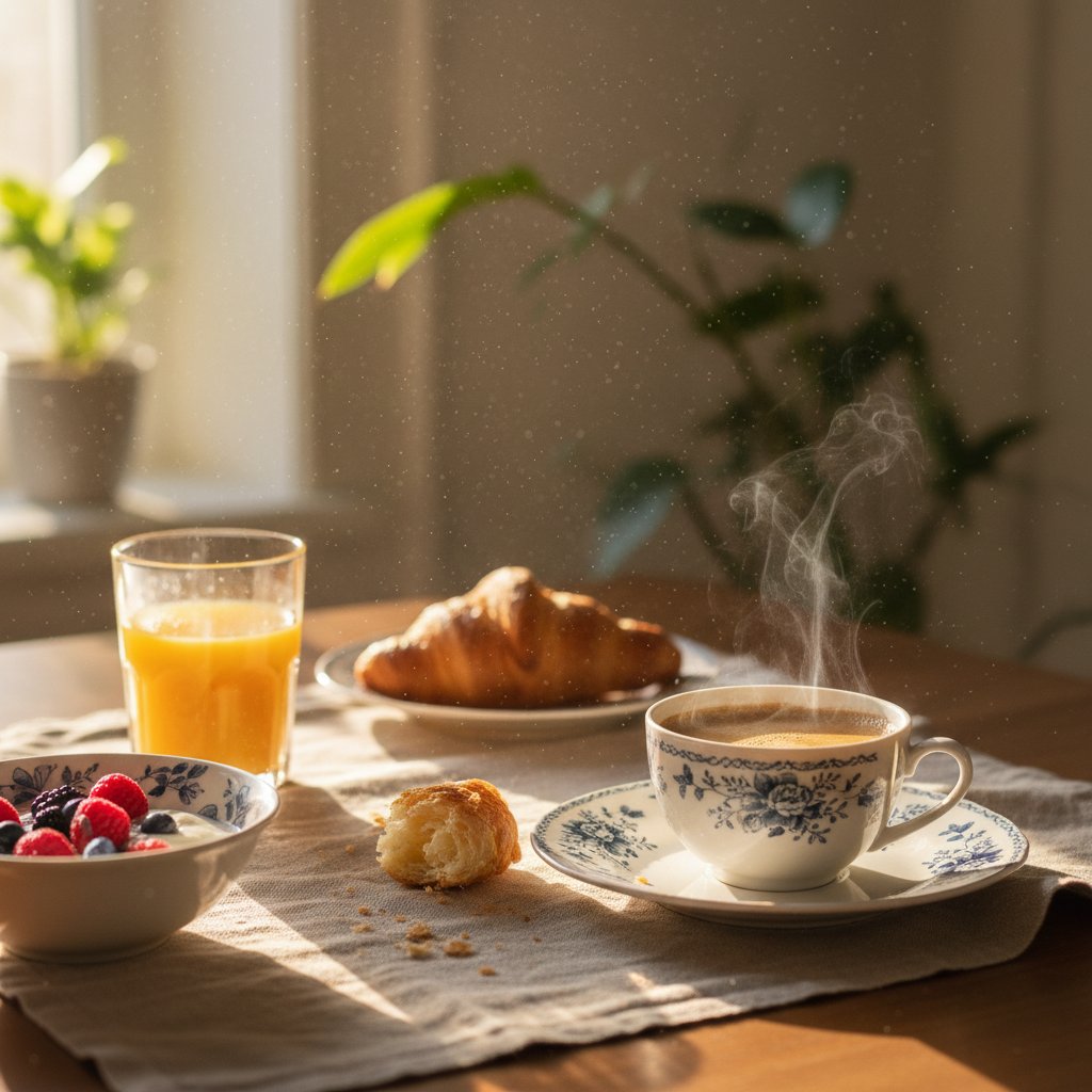 Close-up of sunlight streaming onto a breakfast table, dust motes visible. Alt: Sunlight on everyday breakfast table in a film, showing beauty in the ordinary.