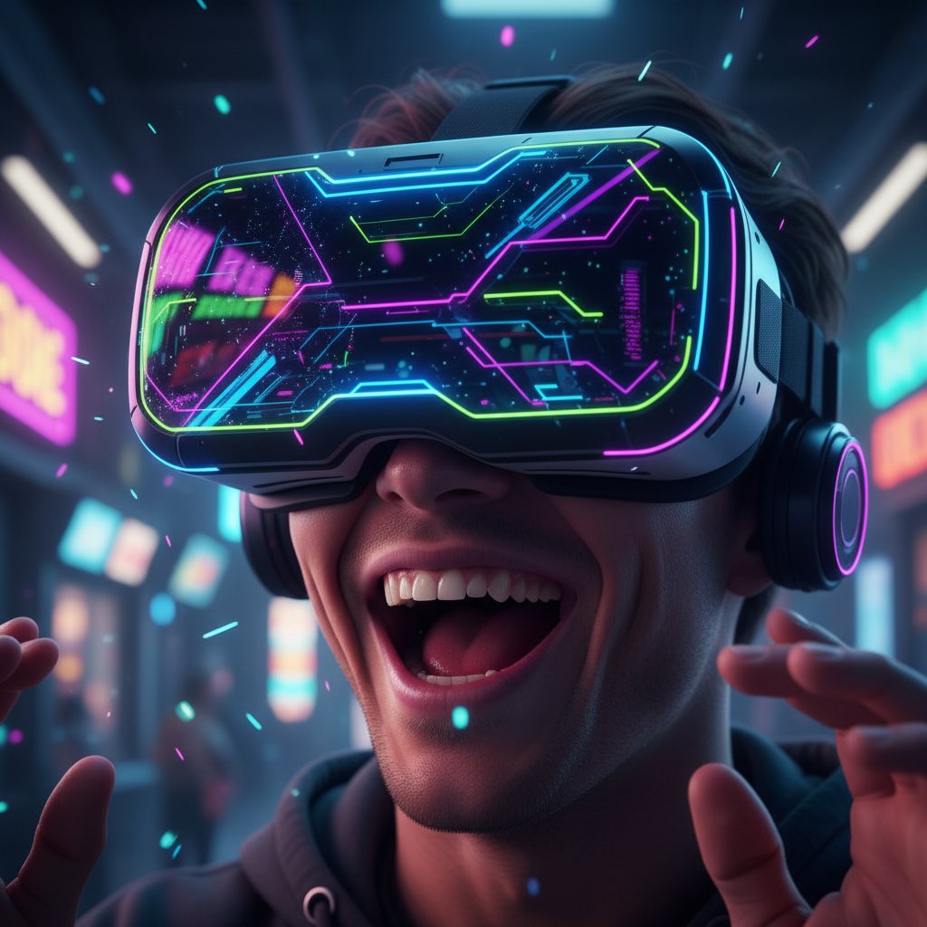 Close-up of a person’s surprised laughter with a VR headset, neon reflections, movie vr comedy movies style