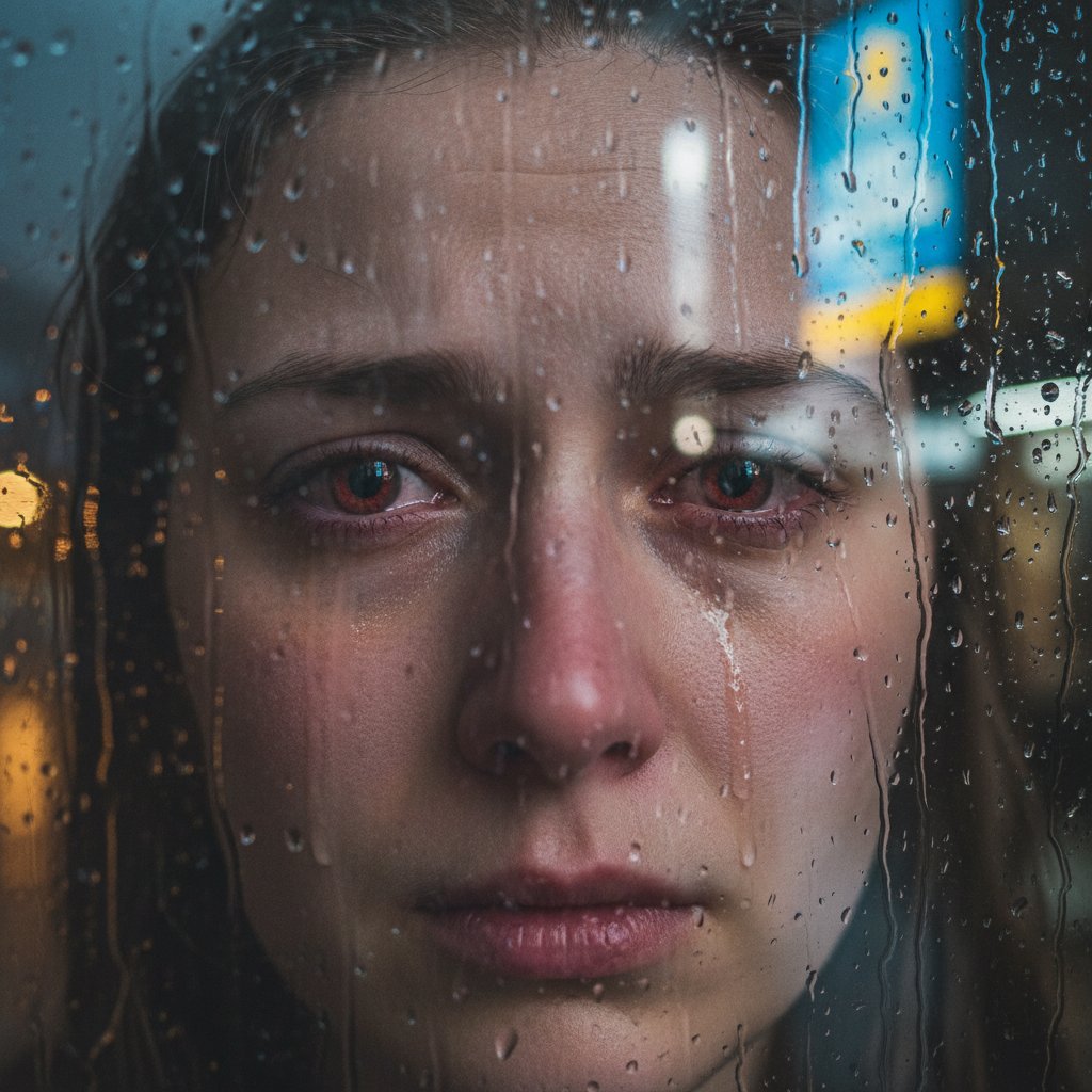 Close-up tearful eyes rain window movie loss innocence