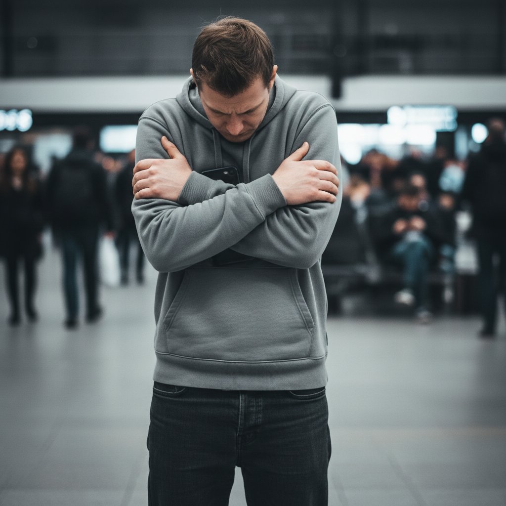 Zamknięta postawa ciała, napięcie, osoba skupiona na telefonie – objawy braku zaufania organizmicznego