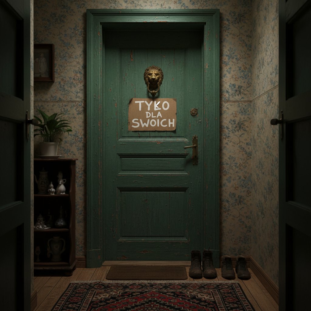 Symboliczne zdjęcie zamkniętych drzwi z napisem „tylko dla swoich” w polskim bloku