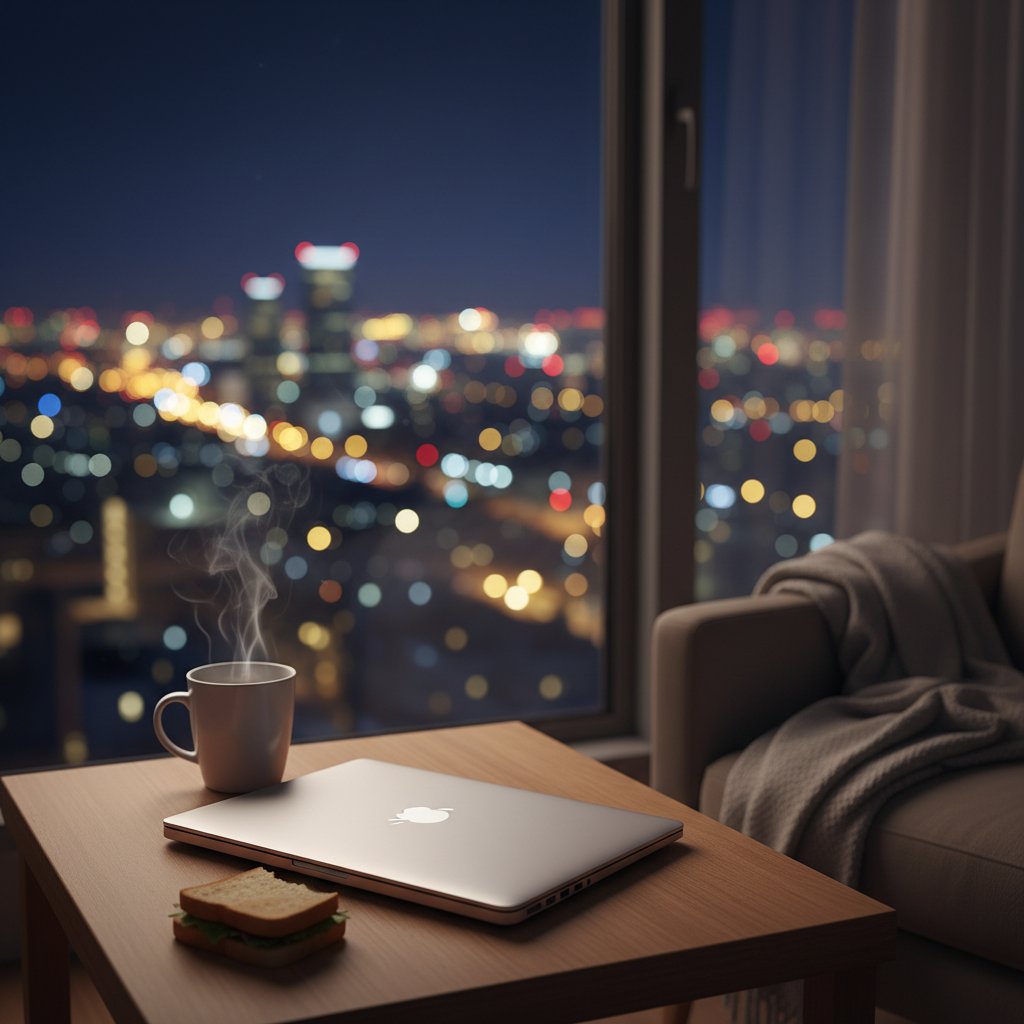 Zamknięty laptop jako znak przerwy od rozmów online, nocne światła miasta, nastrój wyciszenia