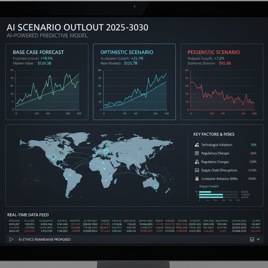 Zbliżenie na ekran komputera z dynamiczną analizą scenariuszy generowaną przez AI, realistyczne dane