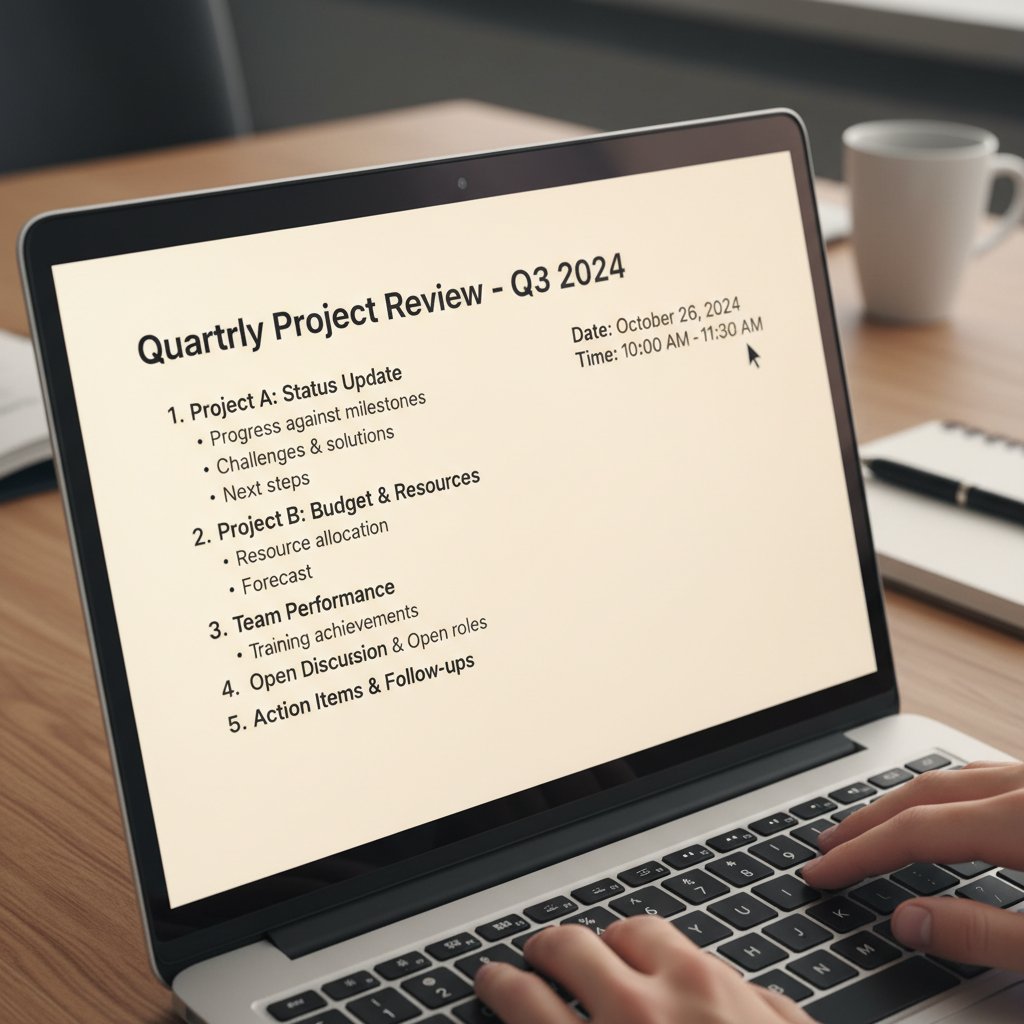 Zbliżenie na szczegółowo rozpisaną agendę spotkania na ekranie laptopa