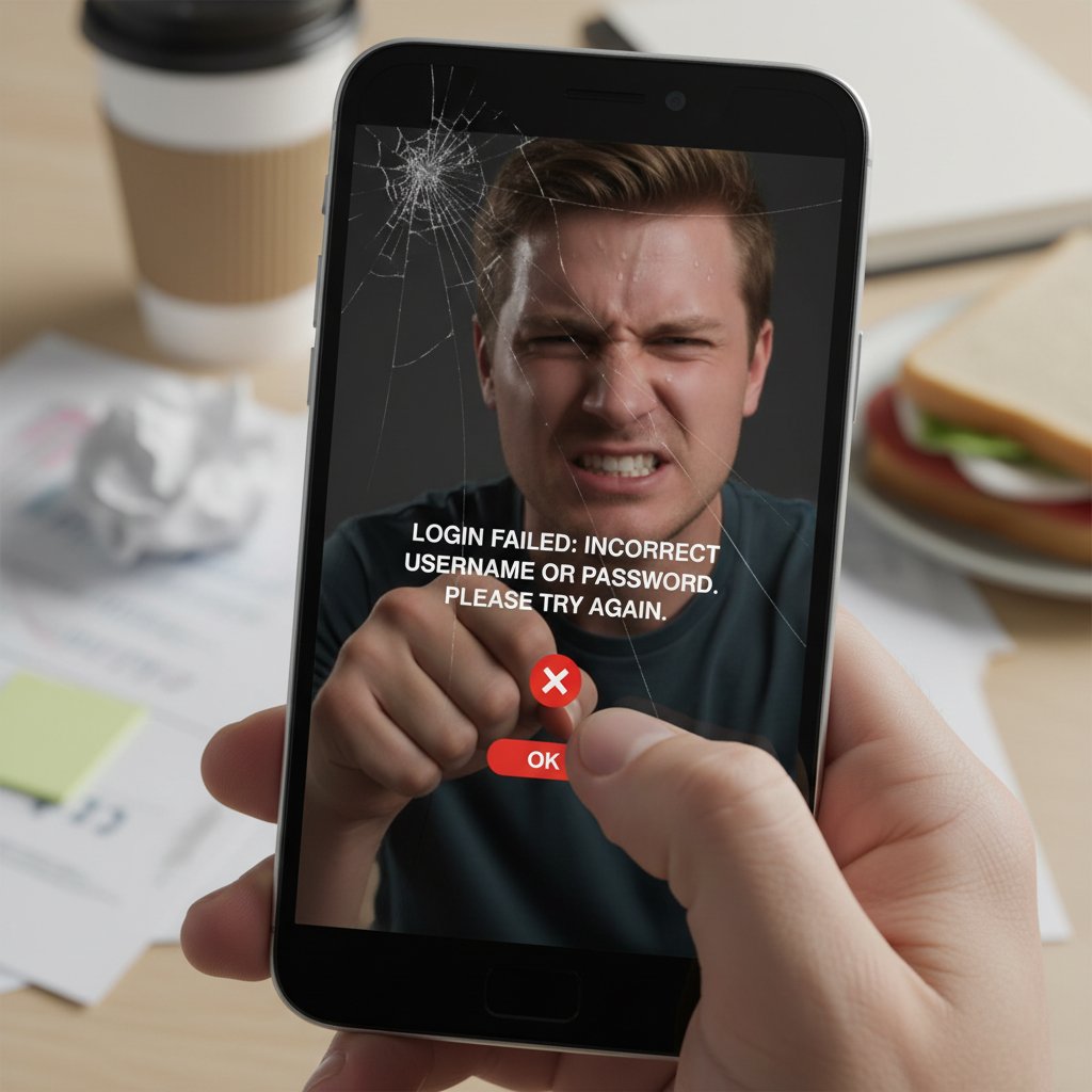 Zbliżenie na ekran z komunikatem o błędzie logowania, emocje frustracji