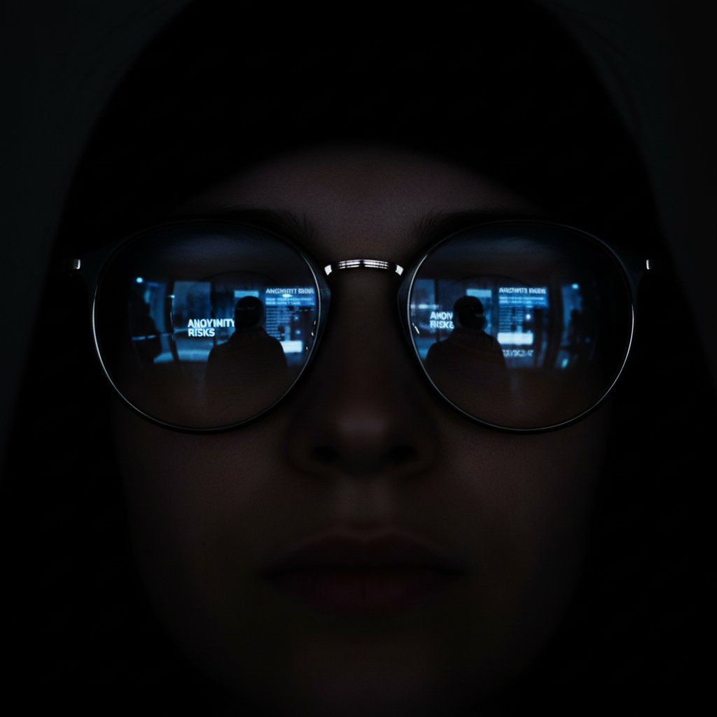 Zbliżenie na twarz osoby ukrytej w cieniu, ekran czatu odbity w okularach – symbol zagrożeń i niepewności anonimowości