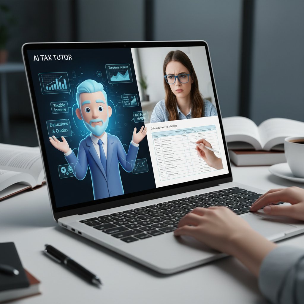 Zbliżenie na ekran laptopa z interaktywną lekcją podatków prowadzoną przez AI, student w skupieniu