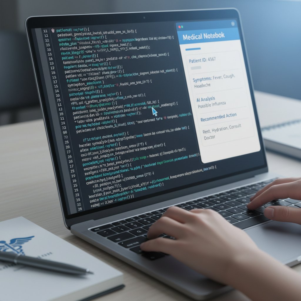 Zbliżenie na ekran laptopa z kodem AI analizującym objawy zdrowotne, otoczenie: notes medyczny