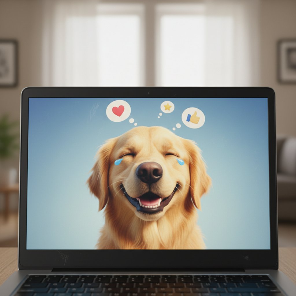 Zbliżenie na ekran laptopa z uśmiechniętym cyfrowym pieskiem i widocznymi reakcjami emocjonalnymi użytkownika